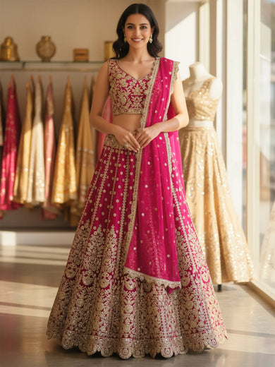 Marvelous Pink Embroidered Net Bridesmaid Lehenga Choli With Dupatta